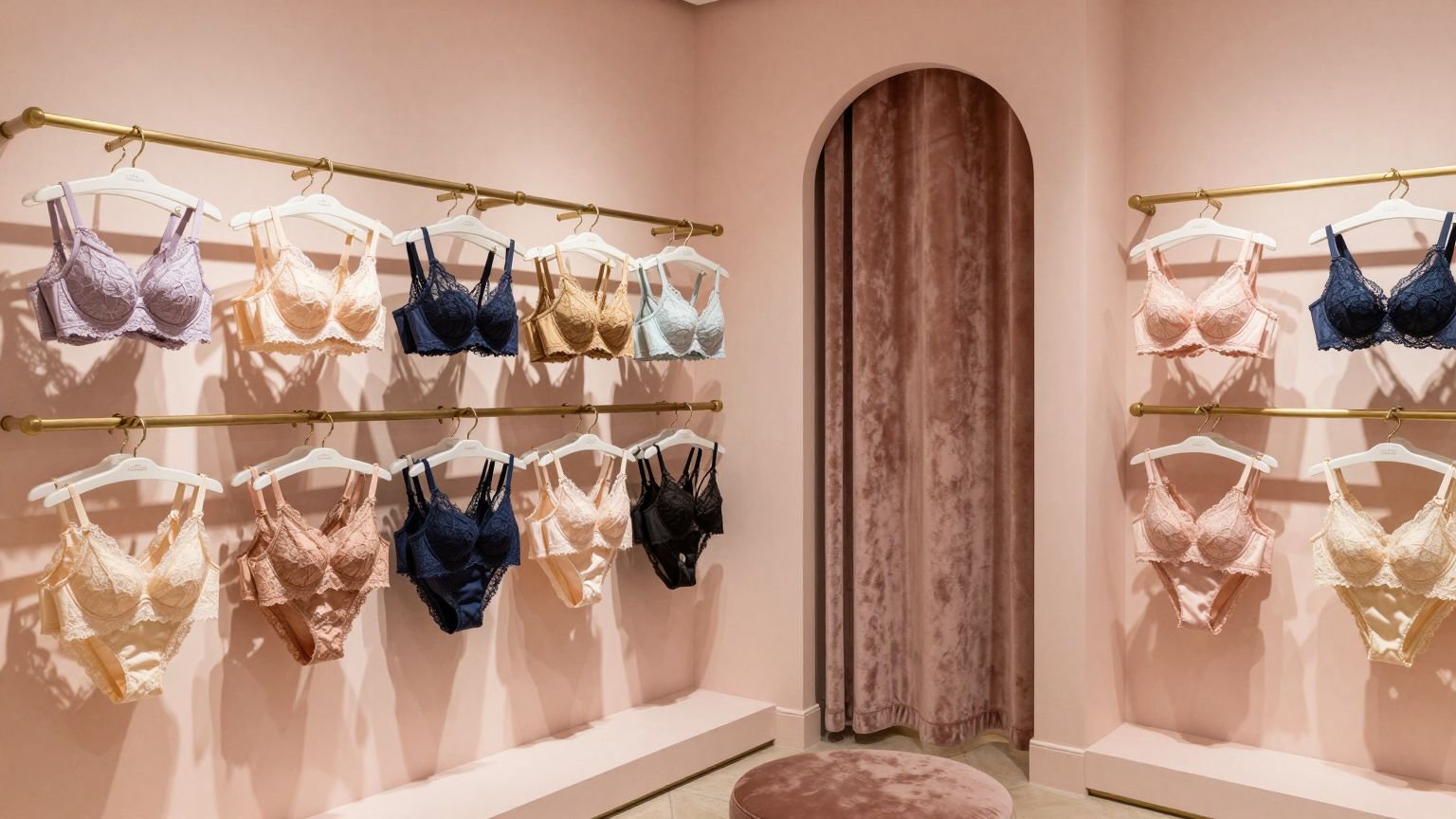 Rails of lace bras in a softly lit boutique