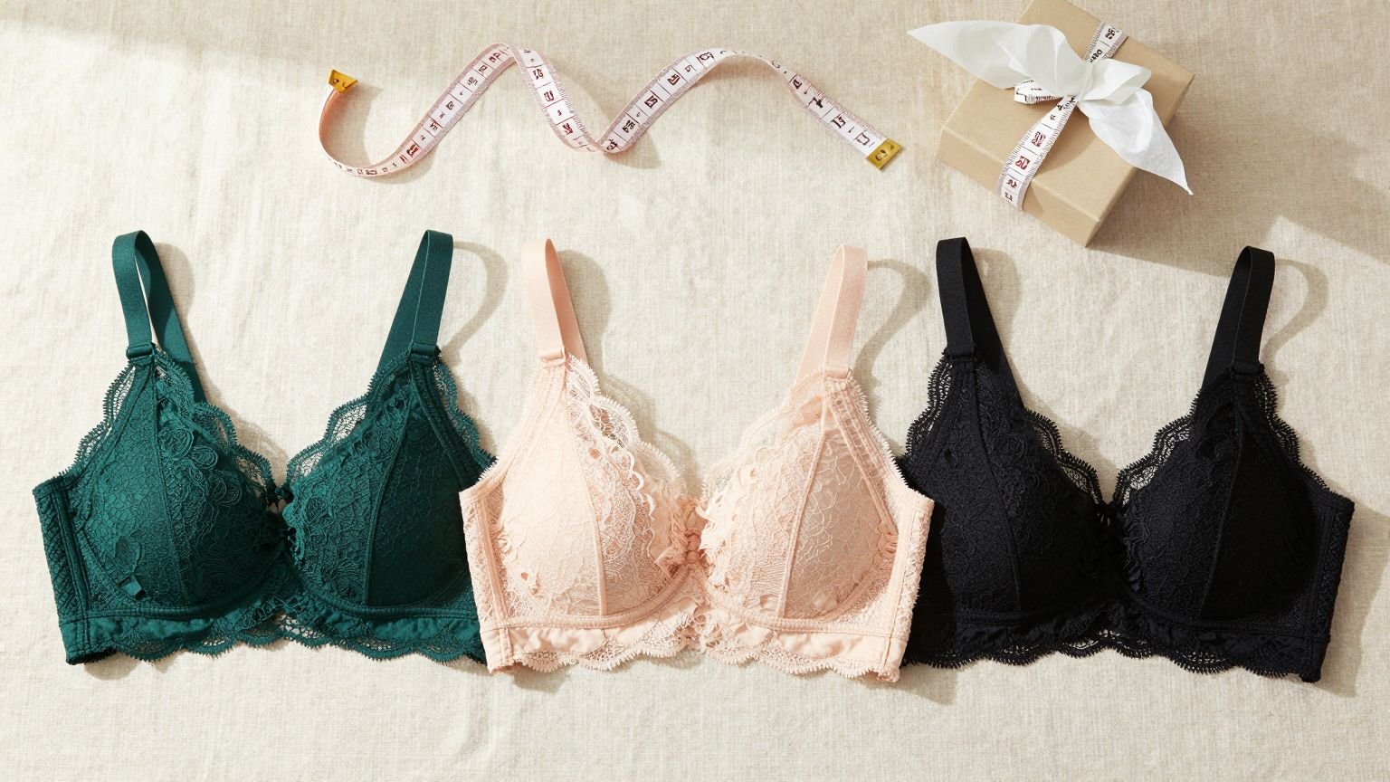 Three full-cup lace bras with a tape measure